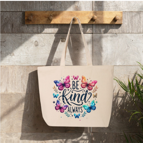 Be Kind Always Large Canvas Tote Bag | Butterfly Floral Design | Pom Pom Petals