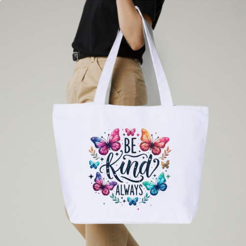 Be Kind Always Large Canvas Tote Bag | Butterfly Floral Design | Pom Pom Petals