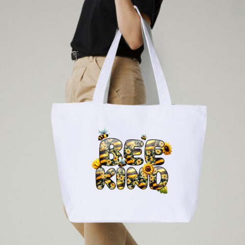 Bee Kind Large Canvas Tote Bag | Sunflower Bee Letter Design | Pom Pom Petals