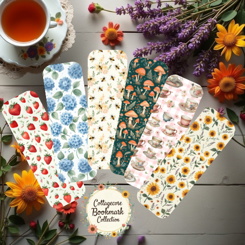 Whimsical Cottagecore Bookmarks – 6-Pack, Laminated, Choice of Tassel & Back