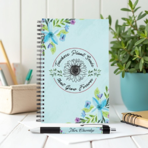 Bloom & Inspire Personalized Teacher Gift Set: Soft-Touch Journal, Matching Pen & Thank You Card - Blue Meadow Teachers Plant Seeds