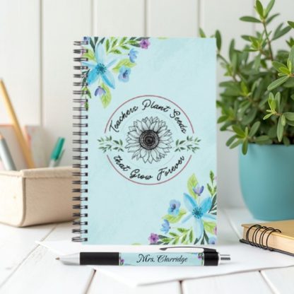 Bloom & Inspire Personalized Teacher Gift Set: Soft-Touch Journal, Matching Pen & Thank You Card - Blue Meadow Teachers Plant Seeds