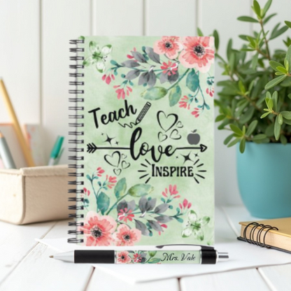Bloom & Inspire Personalized Teacher Gift Set: Soft-Touch Journal, Matching Pen & Thank You Card - Floral Teach Love Inspire