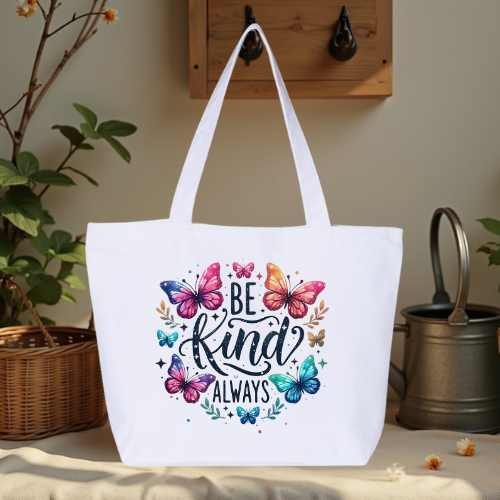 Be Kind Always Large Canvas Tote Bag | Butterfly Floral Design | Pom Pom Petals