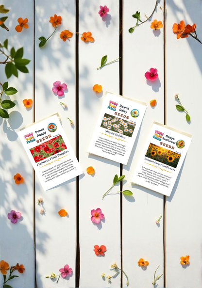 Pom Pom Petals Character Seed Bundle | Dawna Daisy, Penny Poppy & Sunya Sunflower | Kids Garden Seeds | 3 Packet Collection