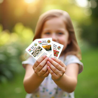 Pom Pom Petals Character Seed Bundle | Dawna Daisy, Penny Poppy & Sunya Sunflower | Kids Garden Seeds | 3 Packet Collection