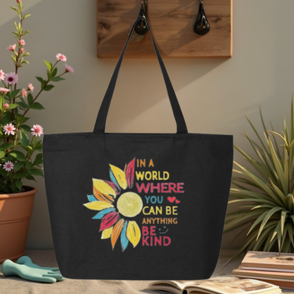 In a World Where You Can Be Anything Be Kind Large Canvas Tote Bag | Rainbow Sunflower Design | Pom Pom Petals