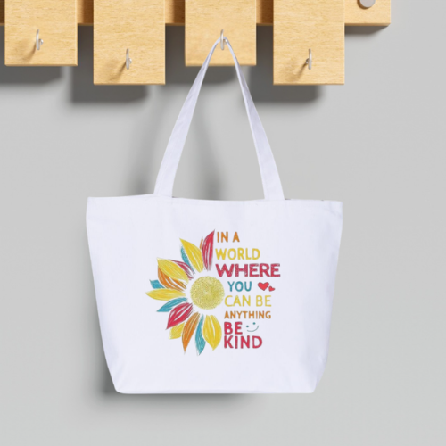 In a World Where You Can Be Anything Be Kind Large Canvas Tote Bag | Rainbow Sunflower Design | Pom Pom Petals