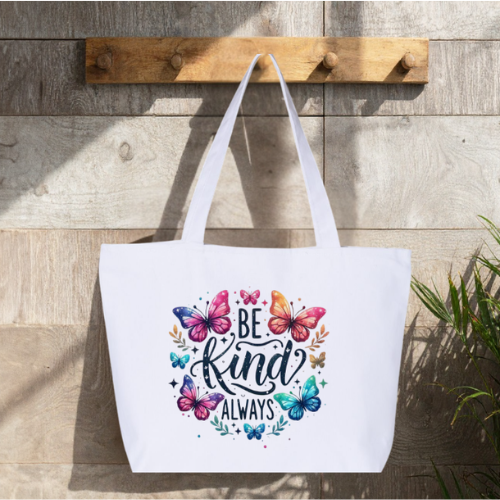 Be Kind Always Large Canvas Tote Bag | Butterfly Floral Design | Pom Pom Petals