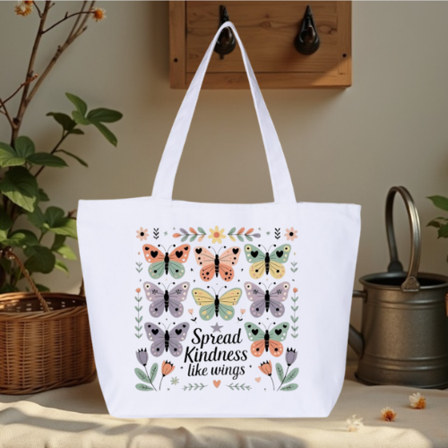 Spread Kindness Like Wings Large Canvas Tote Bag | Botanical Butterfly Design | Pom Pom Petals