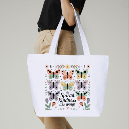Spread Kindness Like Wings Large Canvas Tote Bag | Botanical Butterfly Design | Pom Pom Petals