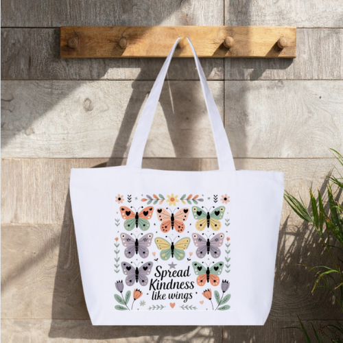 Spread Kindness Like Wings Large Canvas Tote Bag | Botanical Butterfly Design | Pom Pom Petals