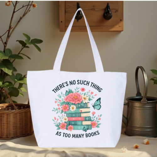 There's No Such Thing As Too Many Books Large Canvas Tote Bag | Floral Book Stack Design | Pom Pom Petals
