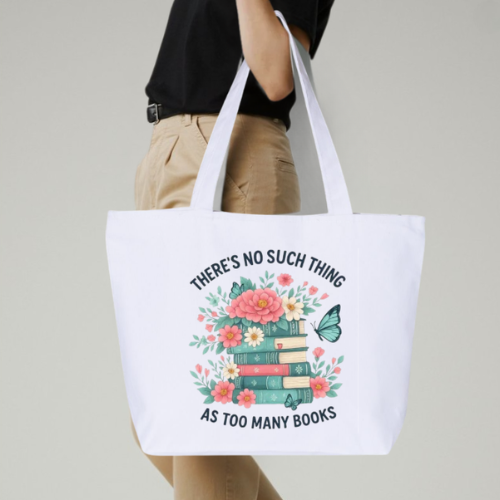 There's No Such Thing As Too Many Books Large Canvas Tote Bag | Floral Book Stack Design | Pom Pom Petals