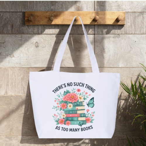 There's No Such Thing As Too Many Books Large Canvas Tote Bag | Floral Book Stack Design | Pom Pom Petals