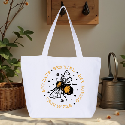 Bee Kind Bee Safe Bee Loving Bee Strong Large Canvas Tote Bag | Vintage Botanical Bee Design | Pom Pom Petals