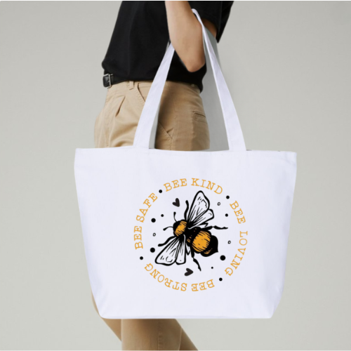 Bee Kind Bee Safe Bee Loving Bee Strong Large Canvas Tote Bag | Vintage Botanical Bee Design | Pom Pom Petals
