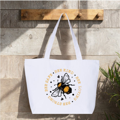 Bee Kind Bee Safe Bee Loving Bee Strong Large Canvas Tote Bag | Vintage Botanical Bee Design | Pom Pom Petals