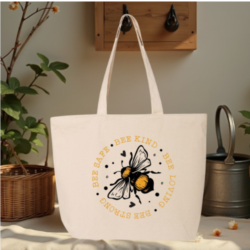 Bee Kind Bee Safe Bee Loving Bee Strong Large Canvas Tote Bag | Vintage Botanical Bee Design | Pom Pom Petals