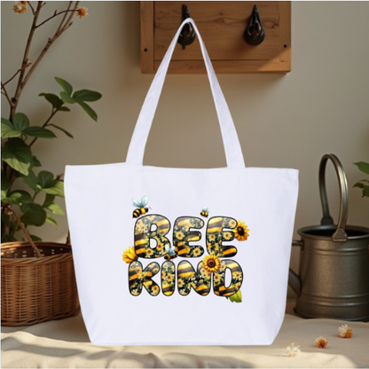 Bee Kind Large Canvas Tote Bag | Sunflower Bee Letter Design | Pom Pom Petals