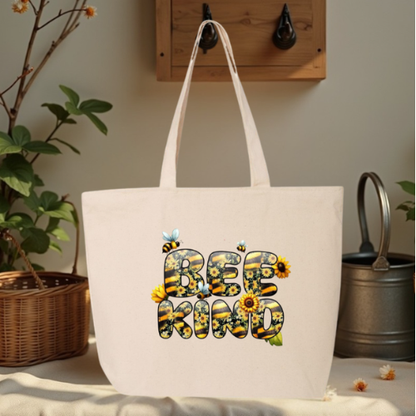 Bee Kind Large Canvas Tote Bag | Sunflower Bee Letter Design | Pom Pom Petals