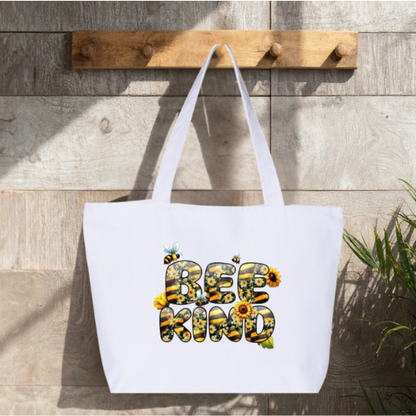 Bee Kind Large Canvas Tote Bag | Sunflower Bee Letter Design | Pom Pom Petals