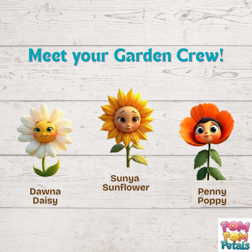 Pom Pom Petals Character Seed Bundle | Dawna Daisy, Penny Poppy & Sunya Sunflower | Kids Garden Seeds | 3 Packet Collection