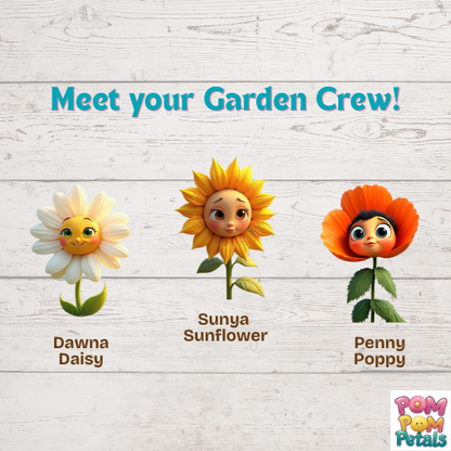 Pom Pom Petals Character Seed Bundle | Dawna Daisy, Penny Poppy & Sunya Sunflower | Kids Garden Seeds | 3 Packet Collection